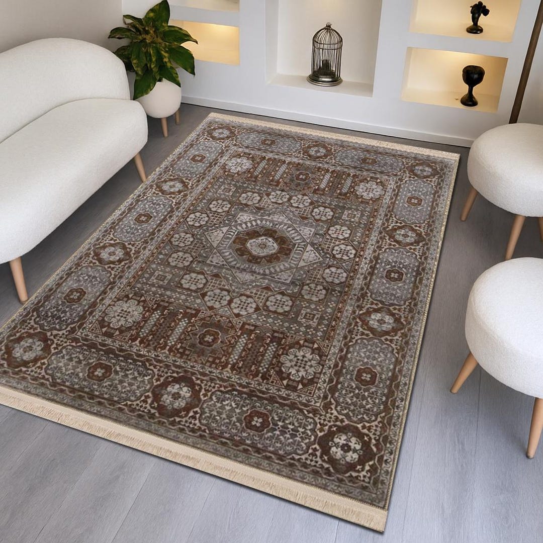 Patterned Turkish Rug Turkish Traditional Brown Patterned Rug – Washable, Non-slip, Digital ...