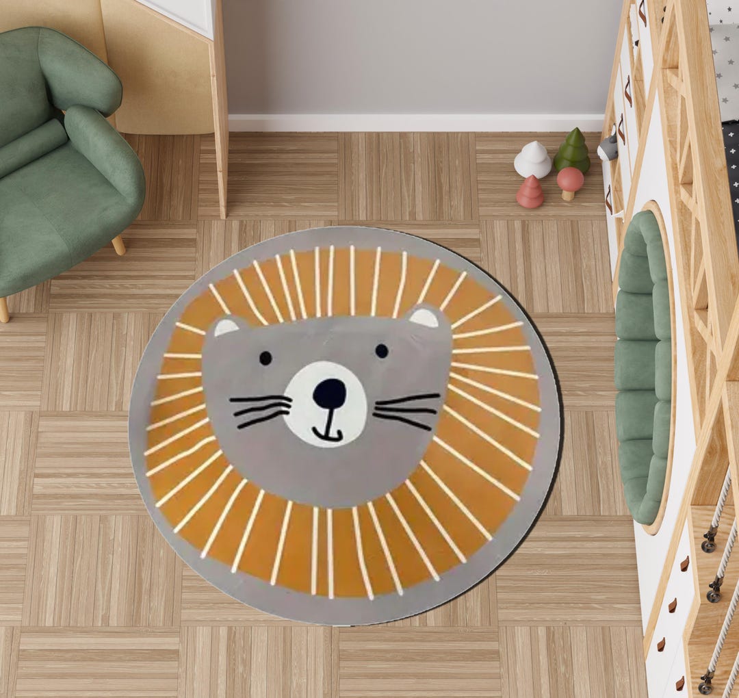 Round Children Rug Gray Lion Round Kids Rug – Cute Animal Design Playroom Carpet, Soft ...