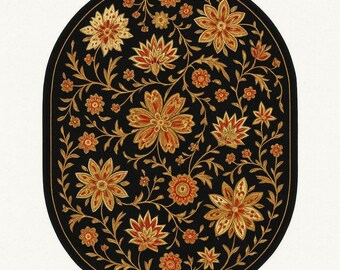 Oval Black Floral Rug – Elegant Golden and Red Design | Traditional Style, Digitally Woven Carpet