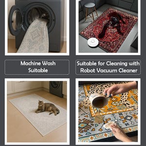 May include: A collage of images showcasing a rug's features. One image shows a rug in a washing machine, another with a robot vacuum, a third with a cat, and the last with a spill being cleaned. Text on the images reads: Machine Wash Suitable, Pet Friendly, and Erasable, Stain Resistant.