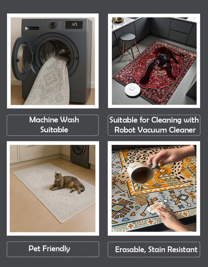 May include: A collage of images showcasing a rug's features. One image shows a rug in a washing machine, another with a robot vacuum, a third with a cat, and the last with a spill being cleaned. Text on the images reads: Machine Wash Suitable, Pet Friendly, and Erasable, Stain Resistant.