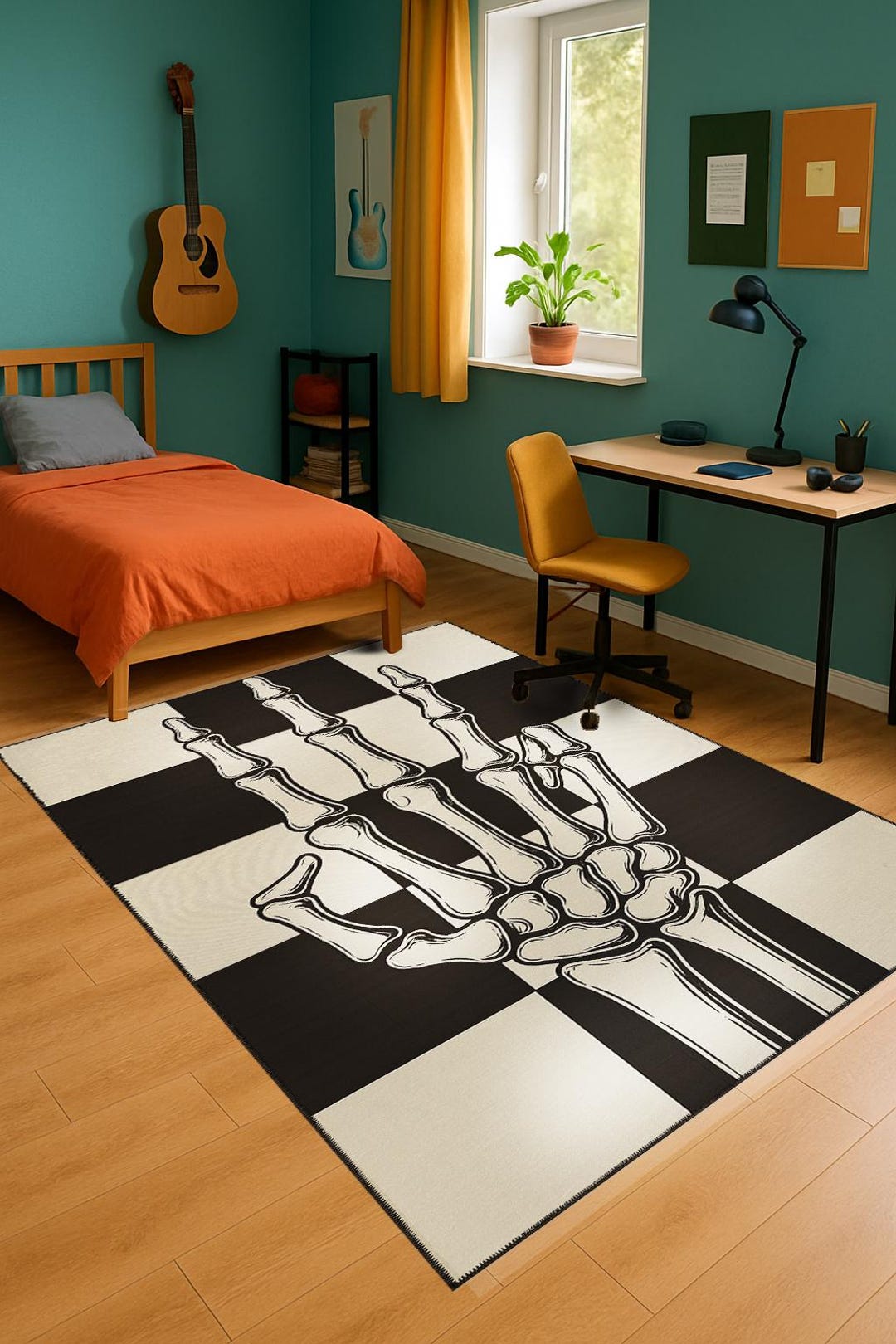 Punk Rugs Skeleton Hand Checkered Rug – Black and White Gothic Art Carpet ...