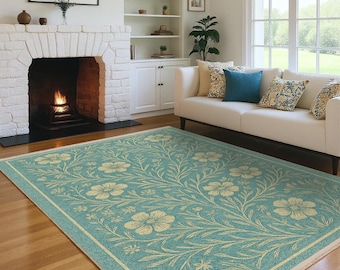 Blaugrüner Teppich im Botanischen Stil - Eleganter Aquablauer Teppich mit Beige Blüten, Waschbarer Vintage-inspirierter Bodenteppich für Wohnzimmer, Schlafzimmer