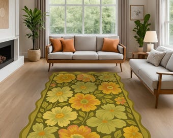 Golden Bloom Rug – Retro Yellow Floral Pattern with Scalloped Edges, Warm Vintage Washable Non-Slip Carpet
