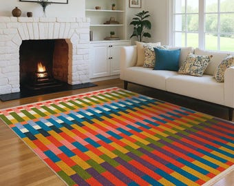 Color Weave Rug – Multicolor Geometric Blocks Pattern, Washable Non-Slip Decorative Carpet