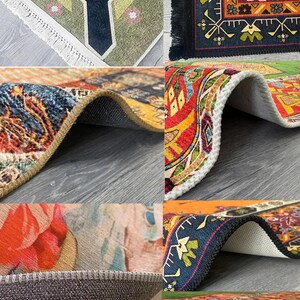 May include: A collage of colorful area rugs with intricate patterns and designs. The rugs feature a variety of colors, including red, blue, green, and yellow, with floral and geometric motifs. Some rugs have fringed edges.