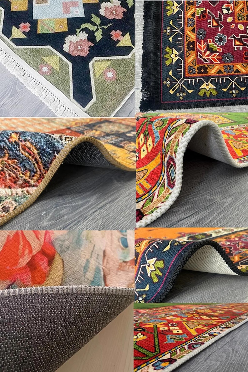 May include: A collage of colorful area rugs with intricate patterns and designs. The rugs feature a variety of colors, including red, blue, green, and yellow, with floral and geometric motifs. Some rugs have fringed edges.