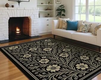 Black Floral Vintage Area Rug – Elegant Botanical Pattern Carpet with Beige Accents, Washable Classic Floor Mat for Living Room & Bedroom