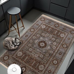 Tapete turco tradicional marrom estampado – lavável, antiderrapante e com impressão digital – decoração boho para sala de estar
