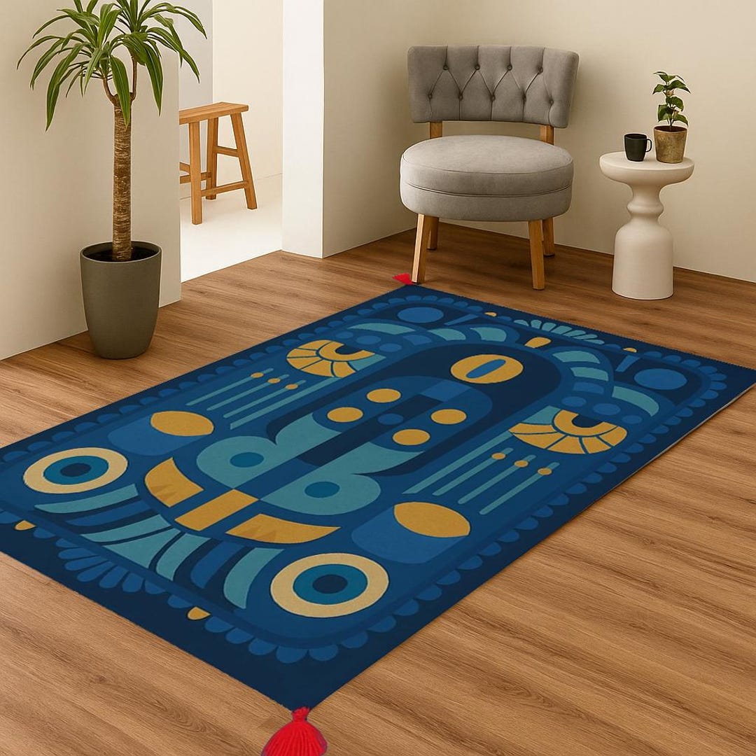 Abstract Blue Rug Pattern Modern Abstract Blue Rug – Geometric Art Pattern, Yellow Accents ...