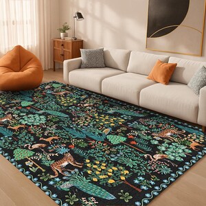 May include: A rectangular area rug with a black background and a detailed jungle design. The rug features various animals, including leopards and deer, amidst lush green foliage and colorful flowers. The rug is placed in a living room setting.
