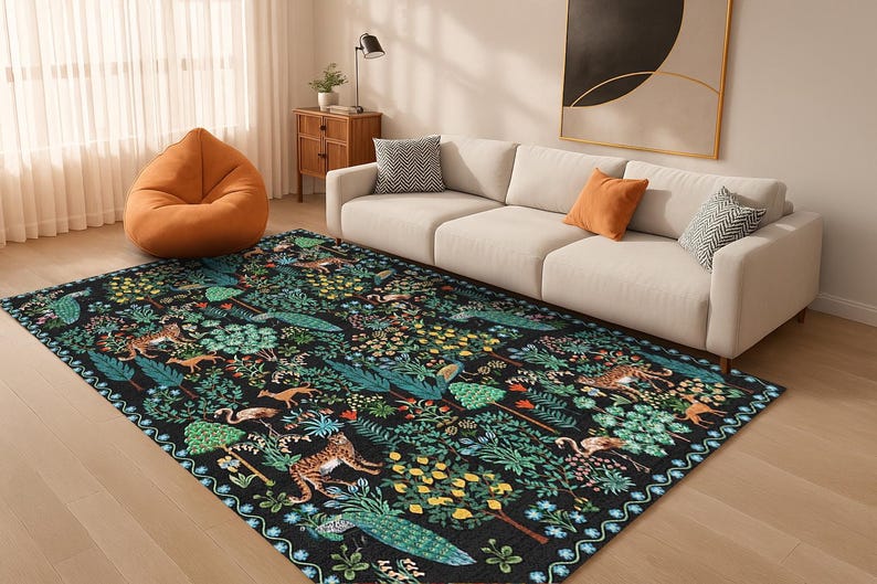 May include: A rectangular area rug with a black background and a detailed jungle design. The rug features various animals, including leopards and deer, amidst lush green foliage and colorful flowers. The rug is placed in a living room setting.