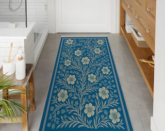 Blau Floral Vintage Teppich - Botanischer Teppich, Waschbar Bodenteppich