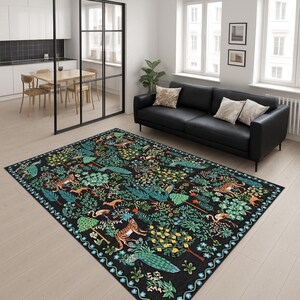 May include: A rectangular area rug with a black background and a detailed forest scene. The rug features various animals, including leopards and deer, amidst lush green foliage, with accents of yellow and blue. The border has a repeating floral pattern.