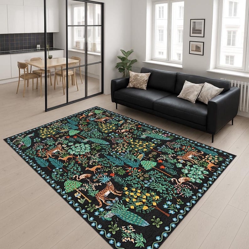 May include: A rectangular area rug with a black background and a detailed forest scene. The rug features various animals, including leopards and deer, amidst lush green foliage, with accents of yellow and blue. The border has a repeating floral pattern.