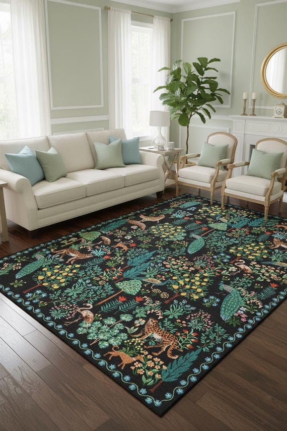 Botanical Jungle Rug: Safari Animal Print, Washable Area Carpet