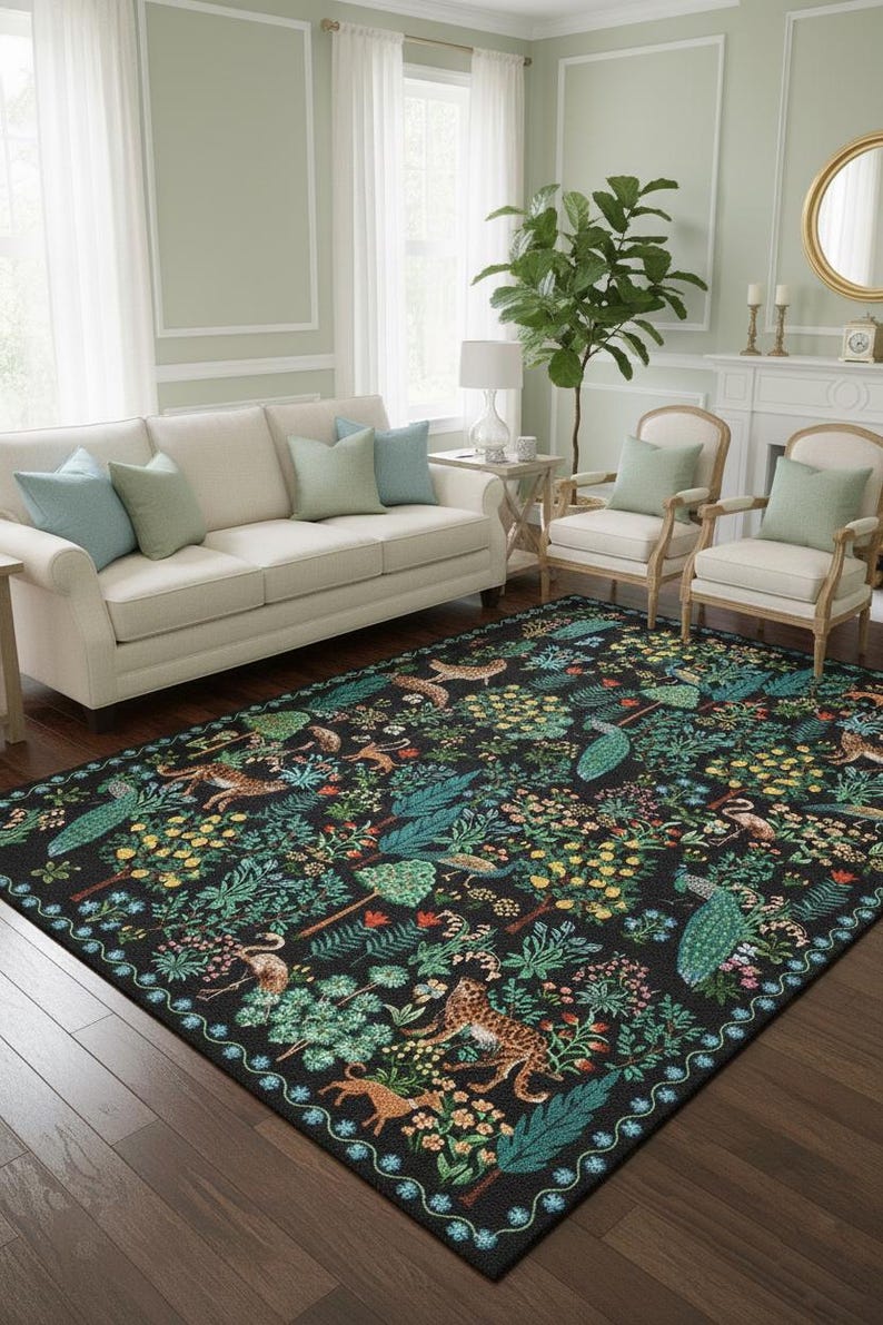 Botanical Jungle Rug: Safari Animal Print, Washable Area Carpet image 1