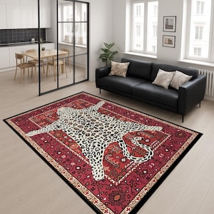 Oriental Red Leopard Print Rug, Rustic Animal Print rug, Rugs for living room and bedroom, Tiger Pattern Pop Art Rug, Modern Art Rug