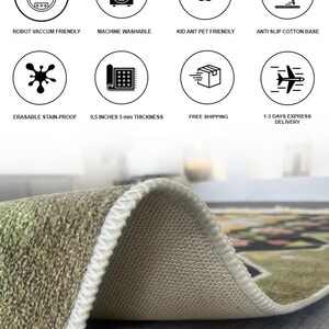 May include: A rolled-up rug with a green and beige pattern, showcasing its thickness and anti-slip cotton base. Features include robot vacuum friendly, machine washable, kid and pet friendly, and erasable stain-proof.
