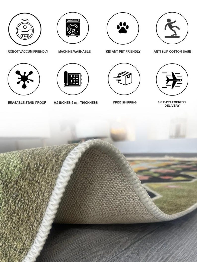 May include: A rolled-up rug with a green and beige pattern, showcasing its thickness and anti-slip cotton base. Features include robot vacuum friendly, machine washable, kid and pet friendly, and erasable stain-proof.
