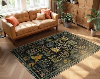 Tapete de tapeçaria botânica – Tapete floral de inspiração vintage, padrão de jardim verde escuro, tapete lavável e antiderrapante para sala de estar.