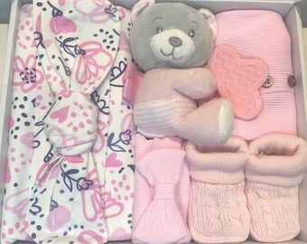 Newborn Girl Gift Set: Floral Swaddle, Ribbed Bodysuit and Hat, Baby Girl gift, Baby shower gift, Bear gift set, Pink baby gift