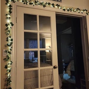 Puede incluir: Una puerta blanca con seis paneles de vidrio, adornada con una guirnalda de hojas verdes y pequeñas luces blancas. La guirnalda está colocada sobre la parte superior y lateral del marco de la puerta, creando un acento decorativo.