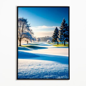 Póster de golf invernal con nieve en la calle: arte mural sereno y elegante