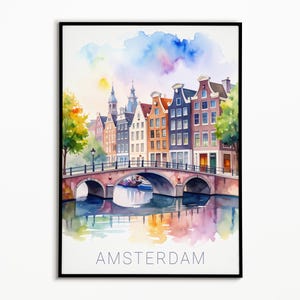 Soft Pastel Watercolor Amsterdam Cityscape Print - Minimalist Dutch Architecture Art - Chic Wall Decor