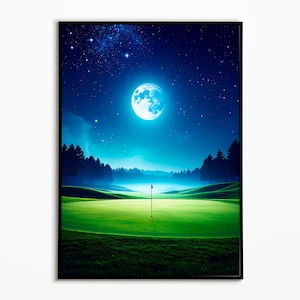 Mondlichtwellen-Poster | Digitale Wanddekoration Golfplatz | Sternenhimmel Druck | Golflandschaft | Herunterladbare Kunst | Golfgeschenk