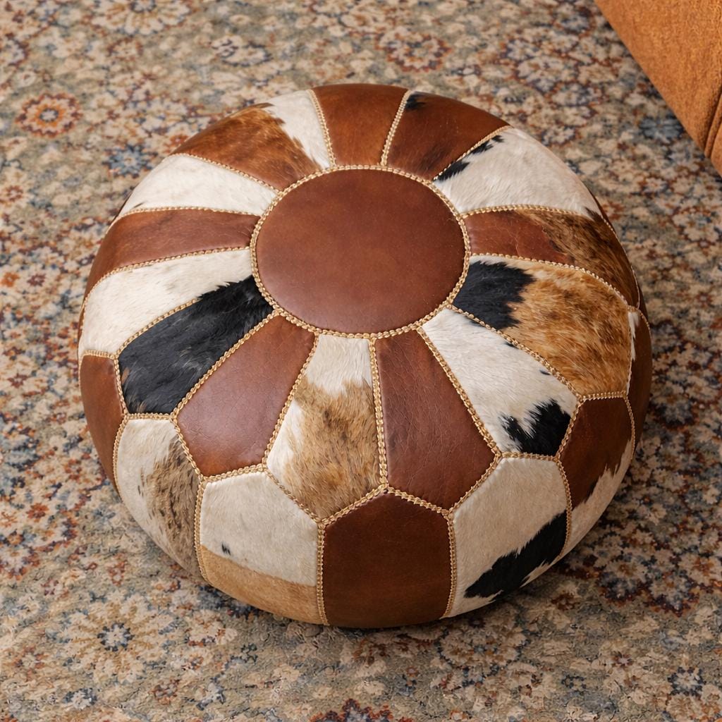 Handmade Moroccan Leather Pouf, Genuine Cowhide Ottoman, Patchwork