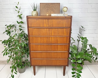 Mid Century Danish Teak Tallboy Chest of Drawers | 1950s Solid Teak Furniture