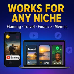 May include: A promotional image with the text "WORKS FOR ANY NICHE" in yellow. It features a smartphone and a laptop displaying content related to gaming, travel, finance, and memes. The background is a gradient of blue.