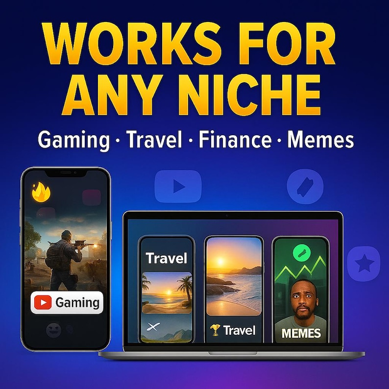 May include: A promotional image with the text "WORKS FOR ANY NICHE" in yellow. It features a smartphone and a laptop displaying content related to gaming, travel, finance, and memes. The background is a gradient of blue.