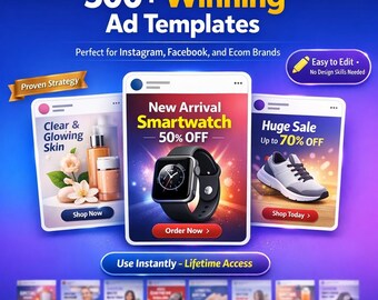 Pacote com mais de 500 modelos de anúncios meta prontos para uso no Canva: Facebook, Instagram, Shopify (PLR/MRR) | Download instantâneo | Acesso vitalício | Pronto para usar