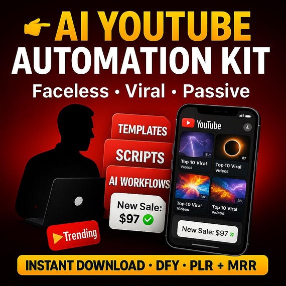 AI YouTube Automation Kit | Faceless Channel Templates, dfy Workflows, PLR MRR, Viral Top 10 Videos, Make Money Online