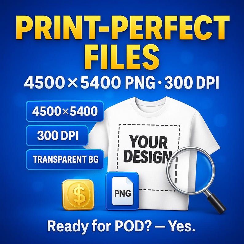 Pode incluir: Gr&aacute;fico azul que promove arquivos de impress&atilde;o sob demanda. Apresenta uma maquete de camiseta branca com o texto "YOUR DESIGN", uma lupa e &iacute;cones para arquivos PNG, resolu&ccedil;&atilde;o e um s&iacute;mbolo de d&oacute;lar. O texto diz "PRINT-PERFECT FILES".
