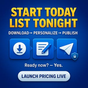 Pode incluir: Gr&aacute;fico azul com o texto "START TODAY LIST TONIGHT" em amarelo. Abaixo, l&ecirc;-se "DOWNLOAD -> PERSONALIZE -> PUBLISH" com &iacute;cones. O texto inferior diz "Ready now? - Yes." e "LAUNCH PRICING LIVE".