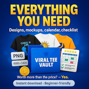 Pode incluir: Imagem promocional com o texto "EVERYTHING YOU NEED" em amarelo. Apresenta camisetas, uma pasta azul com "VIRAL TEE VAULT", um calend&aacute;rio e uma moeda de ouro. O texto adicional inclui "Designs, mockups, calendar, checklist".
