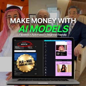 May include: A laptop screen displays a website interface with the text "MAKE MONEY WITH AI MODELS". The screen shows a financial dashboard with earnings of £7280.00. The image includes the text "Faceless, Automated, Beginner Friendly" and a gold seal that says "PLR+MRR BONUS INCLUDED".