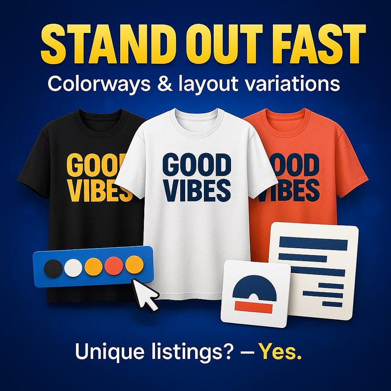 Pode incluir: Imagem com tr&ecirc;s camisetas pretas, brancas e laranja, cada uma com a frase "GOOD VIBES". O texto "STAND OUT FAST" e "Colorways & layout variations" tamb&eacute;m est&atilde;o presentes. O texto "Unique listings? - Yes." tamb&eacute;m &eacute; vis&iacute;vel.