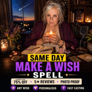May include: A person with grey hair and glasses holds a lit candle at a wooden table with an open book, crystals, and a lantern. Text reads: SAME DAY MAKE A WISH SPELL, LIMITED TIME 75% OFF, 5 STAR REVIEWS, PHOTO PROOF, ANY WISH, PERSONALISED, FAST CASTING.