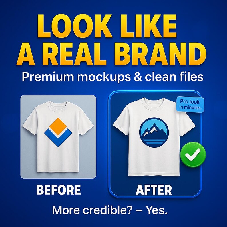 Pode incluir: Imagem promocional de camisetas brancas com logotipos, comparando um design 'antes' e 'depois'. O texto amarelo diz 'LOOK LIKE A REAL BRAND' e 'Premium mockups & clean files'. A camiseta 'depois' apresenta um logotipo de montanha.