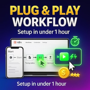 May include: A digital workflow graphic with the text "PLUG & PLAY WORKFLOW" in yellow and white. A smartphone, laptop, and icons illustrate the setup process, including "Start," "Templates," "AI," and "Upload." The image also includes a timer, a dollar coin, and stars.