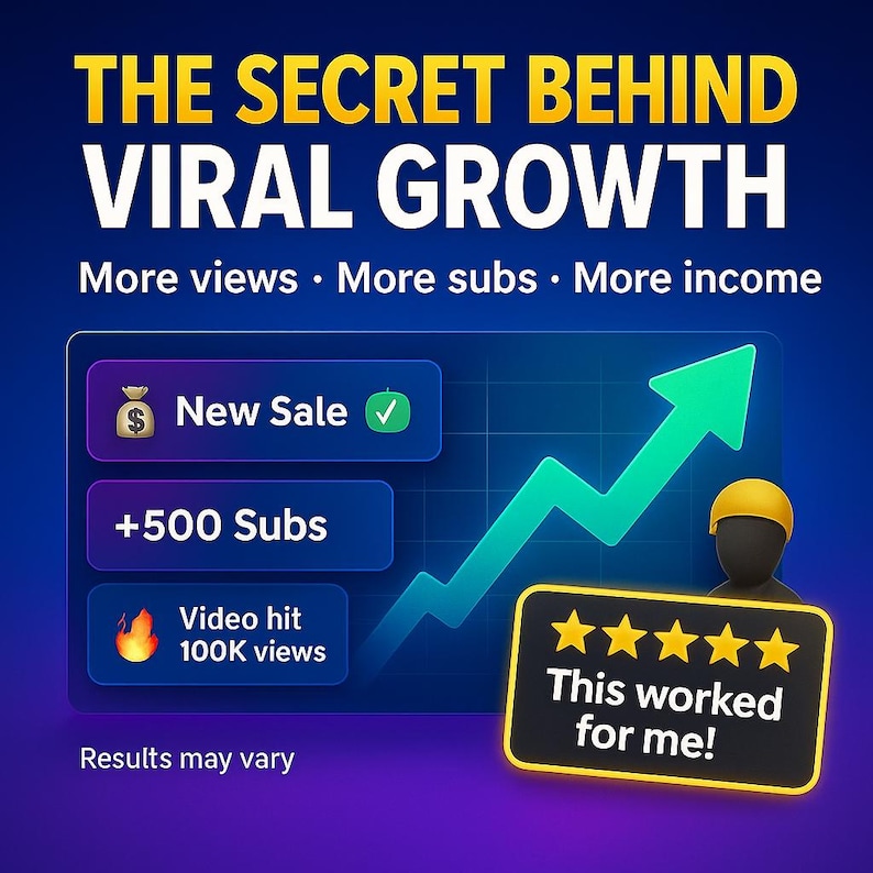 May include: A graphic with the text "THE SECRET BEHIND VIRAL GROWTH" in yellow and white. It includes a green arrow pointing upwards, icons for new sales, subscribers, and views, and a testimonial that says "This worked for me!"