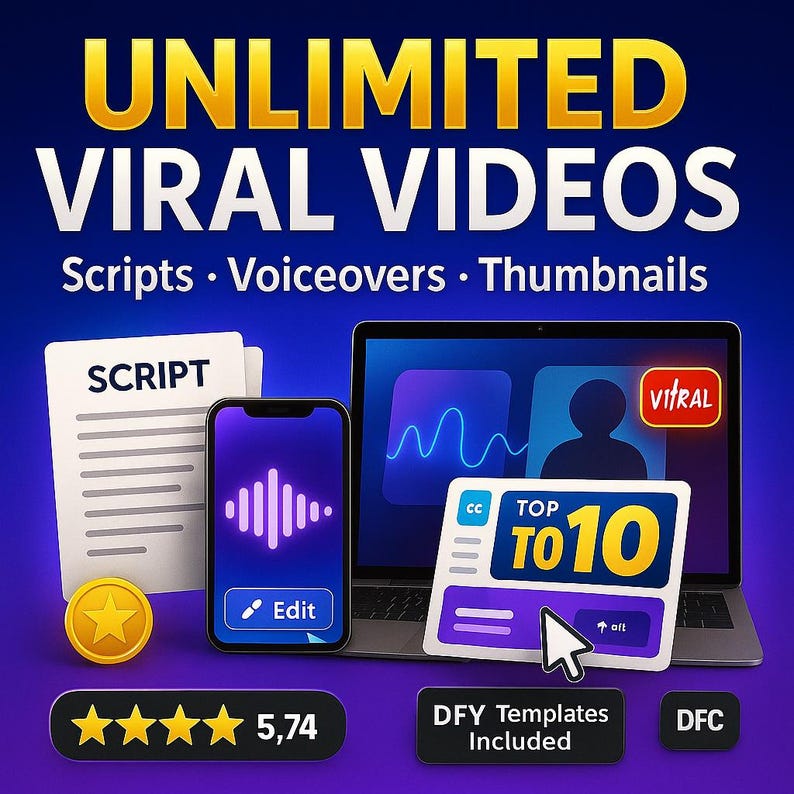 May include: An advertisement for unlimited viral videos, featuring a laptop, smartphone, and documents. The text includes "Scripts, Voiceovers, Thumbnails" and "DFY Templates Included". A gold coin and a rating of 5.74 stars are also visible.
