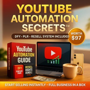 May include: An advertisement for "YouTube Automation Secrets." The image shows a laptop with the YouTube logo, a smartphone, a coffee cup, and money. A red box displays "YouTube Automation Guide" with "DFY Template Pack" and "Resell Rights Bundle." The text "Worth £77" is also visible.