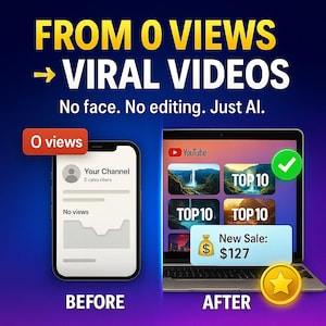 May include: An image with the text "FROM 0 VIEWS &rarr; VIRAL VIDEOS" and "No face. No editing. Just AI." A smartphone shows "0 views" and a laptop displays a YouTube channel with "TOP 10" videos and a "New Sale: $127" notification.