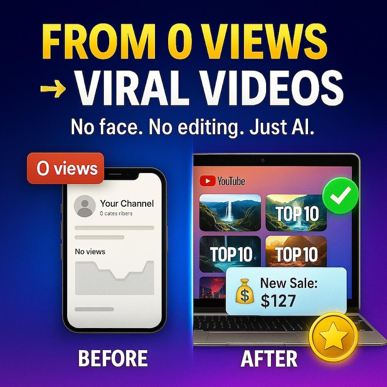 May include: An image with the text "FROM 0 VIEWS &rarr; VIRAL VIDEOS" and "No face. No editing. Just AI." A smartphone shows "0 views" and a laptop displays a YouTube channel with "TOP 10" videos and a "New Sale: $127" notification.