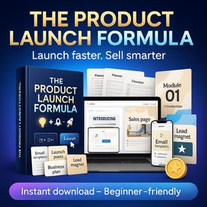 May include: A promotional image for "The Product Launch Formula" featuring a dark blue book, a laptop displaying a sales page, a smartphone, and various digital assets. The text includes "Launch faster. Sell smarter" and "Instant download - Beginner-friendly."